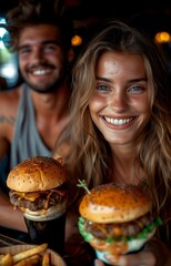 Wall Mural - Young couple taking a selfie, enjoying burgers and beer at a restaurant, capturing a fun moment together
