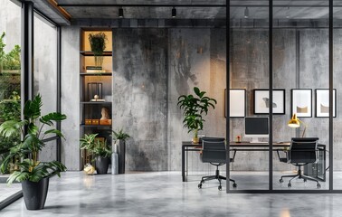 Wall Mural - An office interior in an industrial style loft, rendered in 3D