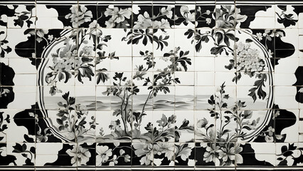 An artful black and white tile mural depicting a complex floral and landscape design