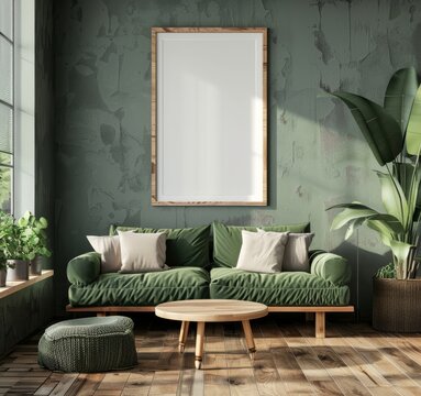 3D render of a square frame in a dark green furnished home interior