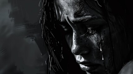 A close-up of a woman's face with tears streaming down, depicted in a dramatic black and white illustration, showcasing intense emotions.
