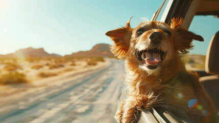 Wall Mural - a dog on a road trip, head out the window, tongue hanging out, happy expression. The dog is near the car window