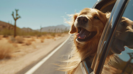 Wall Mural - a dog on a road trip, head out the window, tongue hanging out, happy expression. The dog is near the car window