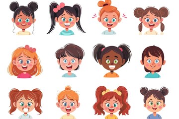 Poster - Set happy smiling faces of kids. Happy child girls expressing different positive emotions