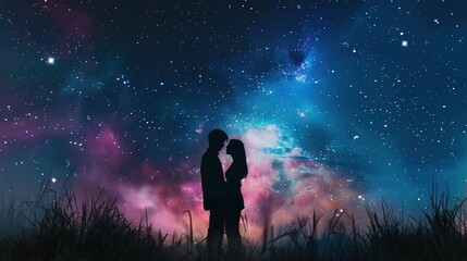 Wall Mural - Silhouette of young couple under stars. standing in meadow by night under the galaxy The concept on the theme of love