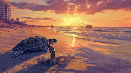 Wall Mural - a Green sea turtle, struggling to reach the ocean shore, with coastal development encroaching its nesting site