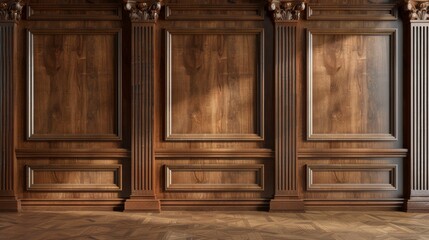 Wall Mural - The classic / traditional wood paneling with a frame pattern often seen in courts, premium hotels, and law offices is luxury wood paneling.