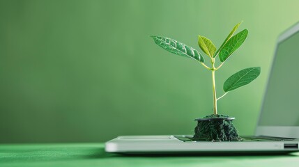 Wall Mural - Copy space. Green plant growing on laptop keyboard with green background. Environment green technology. Sustainable green technology. Green plant growing on laptop keyboard with green background.