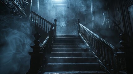 Wall Mural - This mansion at night is spooky with a spooky staircase, fog, and a glowing ghostly apparition.