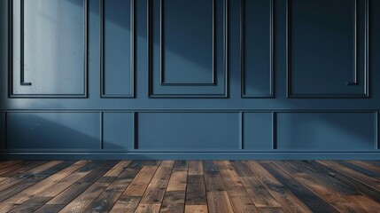 Poster - A dark blue wall in an empty room with wooden floors