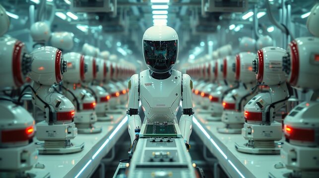 Background image of smart robot in a high-tech manufacturing assembly production line. Robotics and automation technology in an industrial setting. Design for poster, wallpaper, banner, header. AIGT2.