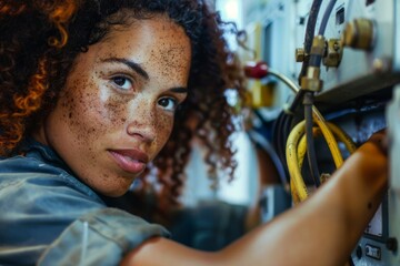 Wall Mural - Female black electrician specializing in ac repair, fan maintenance, and electrical systems.