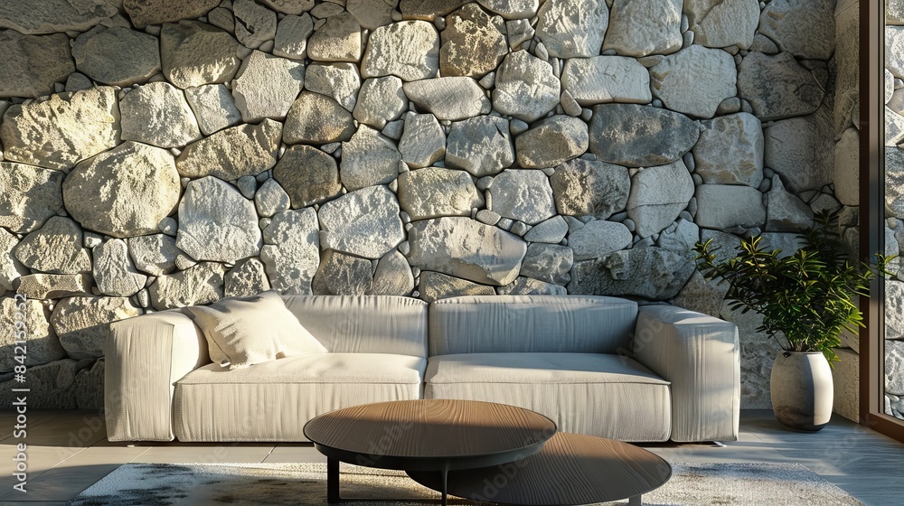 Stylish modern living room with stone cladding walls and corner sofa ...