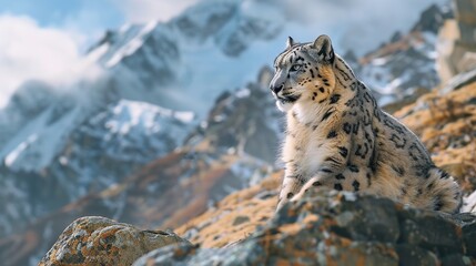 Canvas Print - Snow leopard in the mountains. Copy space