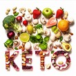 © MMerellinn - Nutritious keto-friendly assortment: low-carb veggies, fruits, greens, and nuts stacked with keto text, promoting healthy choices for ketogenic diets.