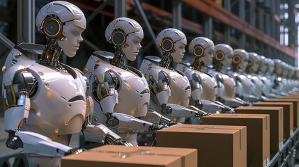 Wall Mural - Line of robots working in a warehouse assembly line.