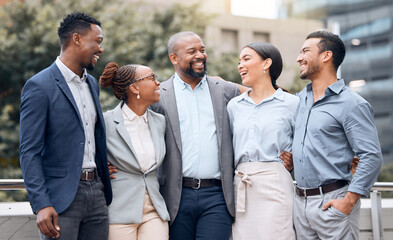 Sticker - Leadership, teamwork and business people with smile for company, group and collaboration. Ceo, women and men with diversity in city for support, agreement and together on rooftop in New York for job