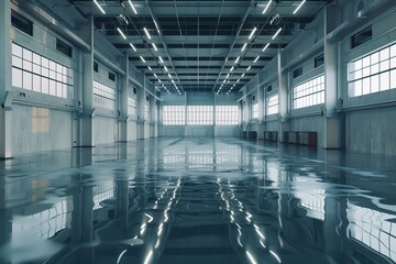 Canvas Print - Spacious minimalist industrial warehouse interior with reflective floor