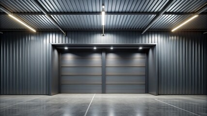 a large garage with a black door and a white light above it