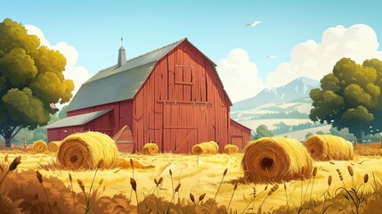 Wall Mural - Harvest Haven: Cartoon Barn Design with Rustic Straw Bales