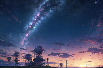 Wall Mural - Beautiful Landscape Background Night Sky Stars Clouds Oil Painting View Wallpaper Landscape Light milky way Purple and Blue Anime style Magic and Colorful