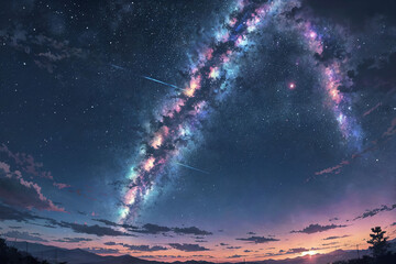 Wall Mural - Beautiful Landscape Background Night Sky Stars Clouds Oil Painting View Wallpaper Landscape Light milky way Purple and Blue Anime style Magic and Colorful