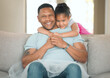 © peopleimages.com - Father, daughter and portrait with love, relax and trust in home living room with happiness, sofa and skirt. Dad, child and smile as family for care, bond or support together in house on couch