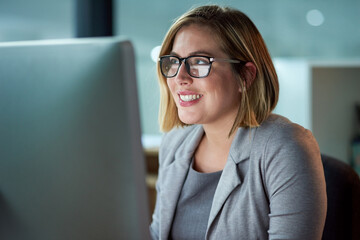 Poster - Computer, thinking and glasses of business woman in office for reading email, planning and working at night. Professional, career and receptionist for administration, research and information