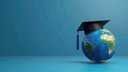 Graduation cap with Earth globe. Concept of global business study  abroad educational  Education in Global world  Study abroad business in universities in worldwide blue background