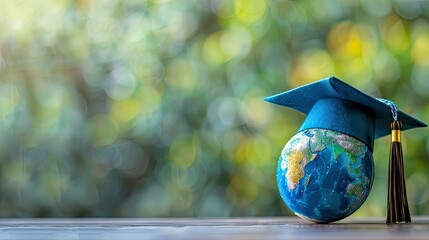 Wall Mural - Graduation cap with Earth globe. Concept of global business study  abroad educational  Education in Global world  Study abroad business in universities in worldwide blue background