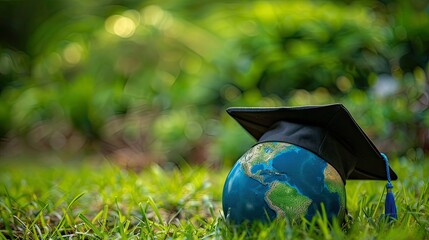 Wall Mural - Graduation cap with Earth globe. Concept of global business study, abroad educational, Education in Global world, Study abroad business in universities in worldwide green background