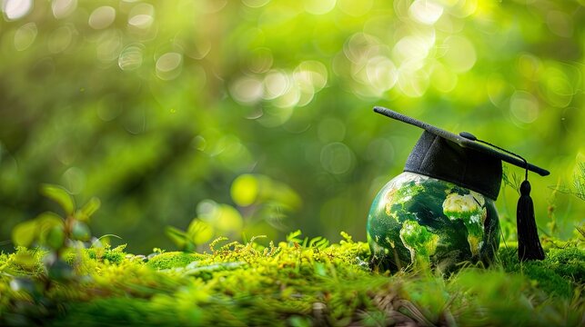 Graduation cap with Earth globe. Concept of global business study, abroad educational, Education in Global world, Study abroad business in universities in worldwide green background