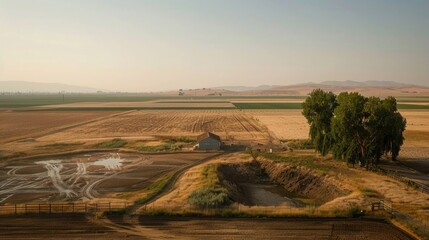 Wall Mural - A dairy farm in California's Central Valley, which is in the grip of a four year long drought. The catastrophic drought means that no crops will grow without increasingly scarce irrigation wa