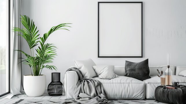 Mockup black poster frame and accessories decor in cozy white interior background 