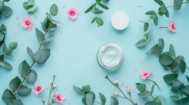 A flat lay composition of natural beauty products, including facial cream and serums, with an isolated pastel background featuring eucalyptus leaves and pink flowers for an organic cosmetics concept. 