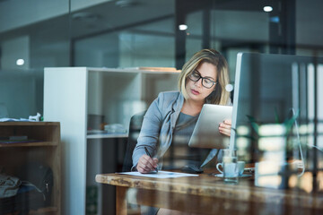 Sticker - Woman, office and tablet with writing on paper for memo or deadline as project manager in web agency. Female person, business and workplace on computer for planning, ideas as professional for company