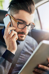 Aufkleber - Businessman, phone call and tablet in car for networking, conversation and online for schedule. Connection, communication and reading with technology for stock market, planning and work or career