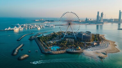 Bluewaters island and Ain Dubai ferris wheel on in Dubai, United Arab Emirates aerial view. New leisure and residential area in Dubai marina area