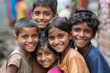 Wall Mural - Group of happy Indian kids smiling and looking at camera in the street