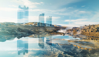 Wall Mural - A city skyline is reflected in a body of water