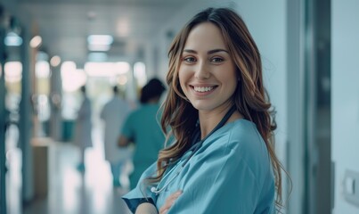 Wall Mural - A happy medical woman nurse stands in hospital