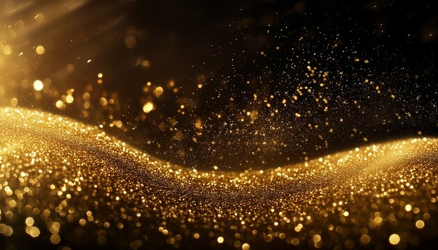 Abstract elegant detailed gold glitter particles flowing underwater with shallow depth of field. Holiday magic shimmering luxury background. Festive sparkles and lights