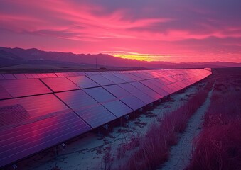 Harmonious Integration of Solar Panels Reflecting Dawn Colors. Showcasing a Solar Farm with Community Garden, Solar-Powered Irrigation Systems, and People Tending to Plants, Highlightin