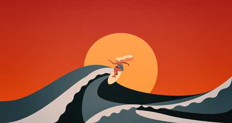 Surfer girl on surfboard on waves of sea in summer at red sunset with sun behind - Mujer surfista en tabla sobre las olas del mar en verano al atardecer