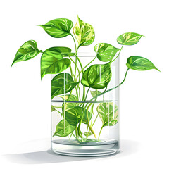 Wall Mural - Clipart illustration of Pothos growing in water in a clear glass pot, on a white background, suitable for home decoration.[A-0003]