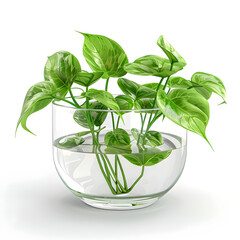 Wall Mural - Clipart illustration of Pothos growing in water in a clear glass pot, on a white background, suitable for home decoration.[A-0001]