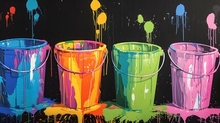 Wall Mural - Paint buckets with dripping color. 