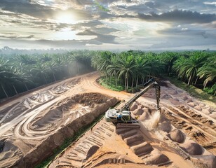 Wall Mural - Aerial view of deforestation. Rainforest being removed to make way for palm oil and rubber plantations