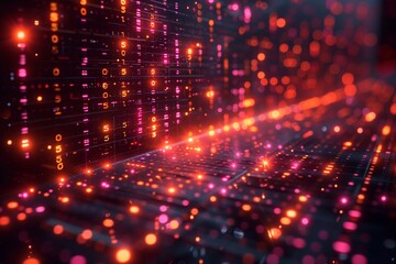 An abstract digital background with glowing orange and pink lights, depicting a network of technological operations