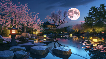 満月の夜の日本庭園